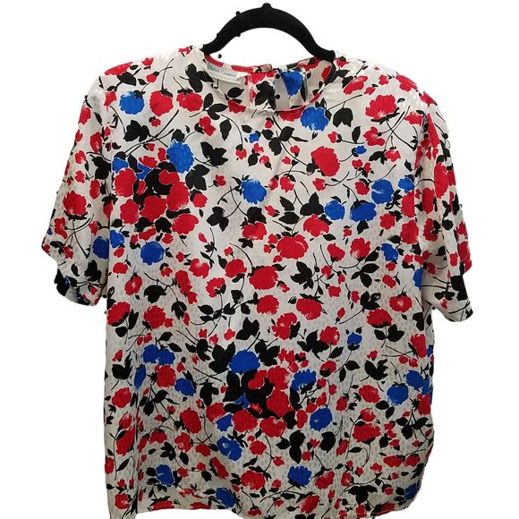 Ariel Crowne Womens Sz M Multicolor Floral Short Sleeve Blouse - Picture 7 of 9
